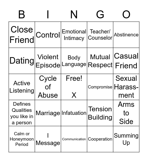 Relationships Bingo Card