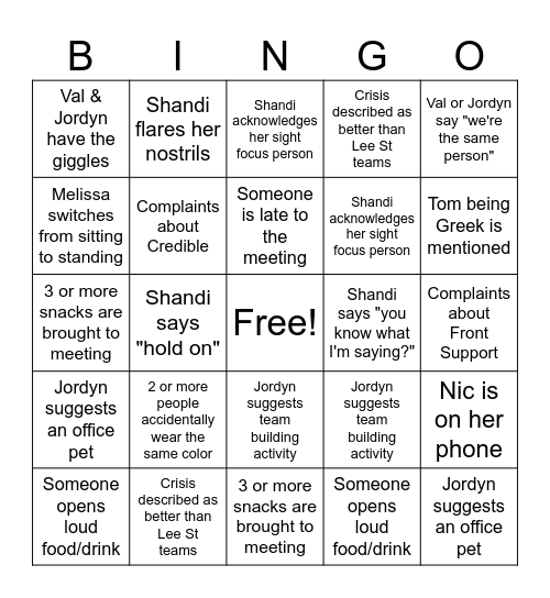 Crisis Team Meeting Bingo Card