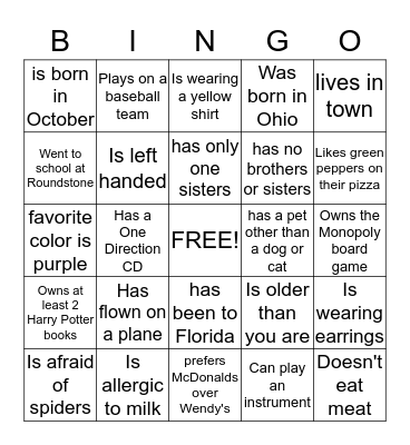 Get to know each other Bingo Card