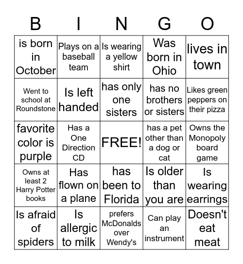 Get to know each other Bingo Card