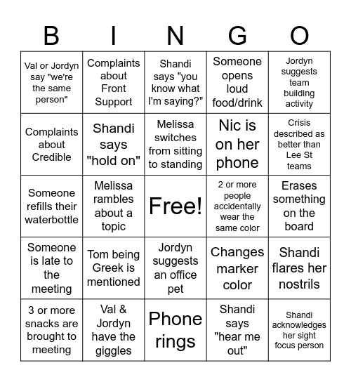 Crisis Team Meeting Bingo Card
