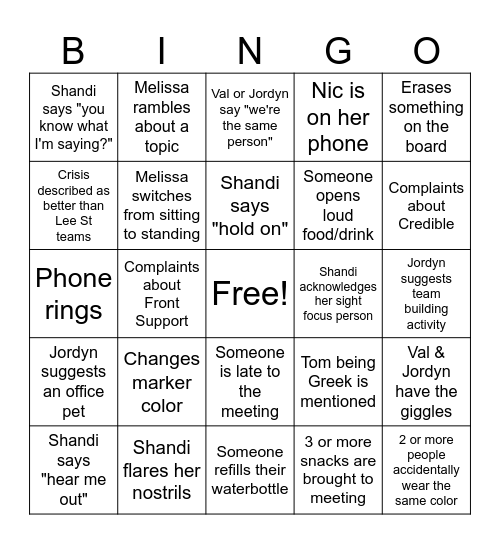 Crisis Team Meeting Bingo Card