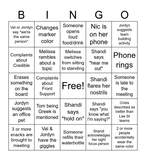 Crisis Team Meeting Bingo Card