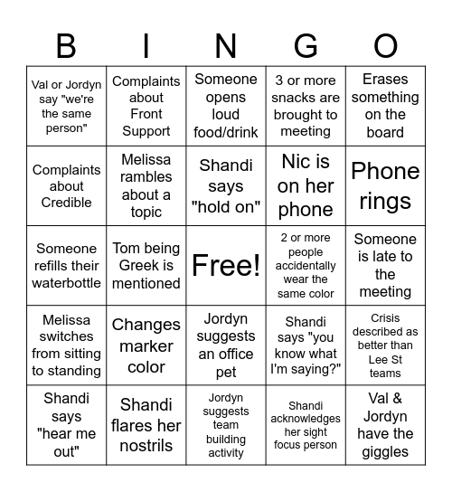 Crisis Team Meeting Bingo Card