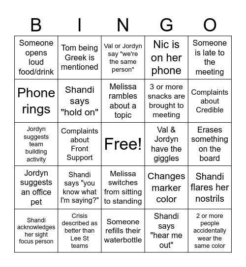 Crisis Team Meeting Bingo Card