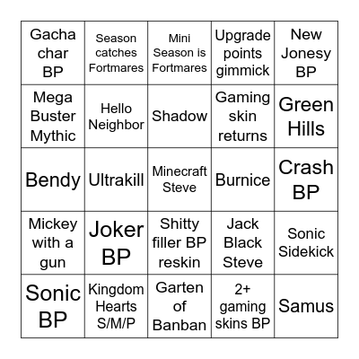 Fortnite Gaming Season Bingo Card