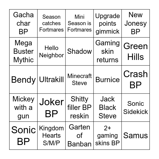 Fortnite Gaming Season Bingo Card