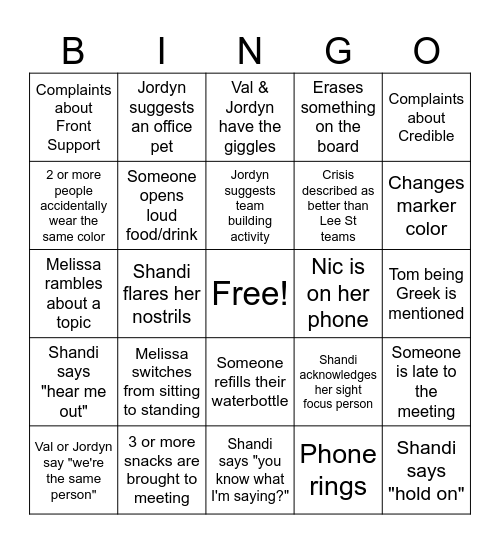 Crisis Team Meeting Bingo Card