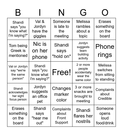 Crisis Team Meeting Bingo Card