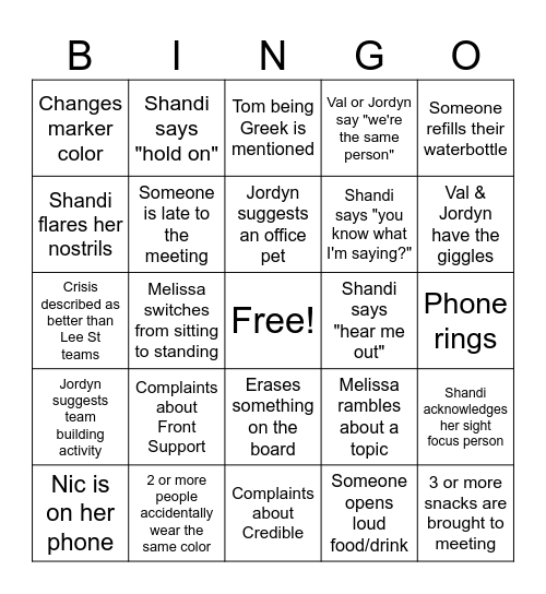 Crisis Team Meeting Bingo Card