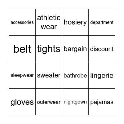 Shopping for Clothes Bingo Card