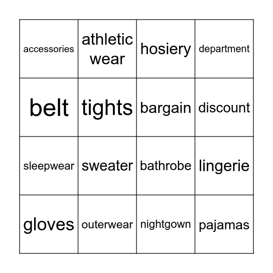 Shopping for Clothes Bingo Card