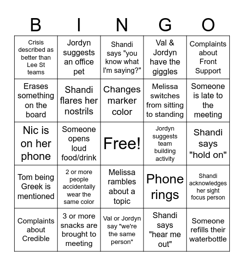 Crisis Team Meeting Bingo Card