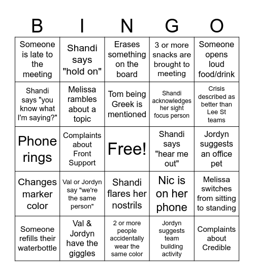 Crisis Team Meeting Bingo Card