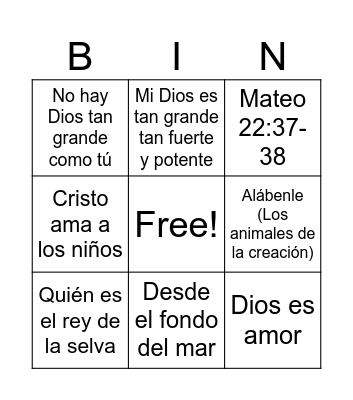 Somos soldaditos Adentro afuera arriba abajo Quién es el rey de la selva Dios es amor Estoy alegre Mi Dios es tan grande tan fuerte y potente Sube pronto al tren Desde el fondo del mar Mateo 22:37-38 El amor de Dios es maravilloso Jonás no le hizo cas Bingo Card