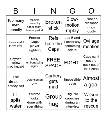Washington Capitals game day Bingo Card