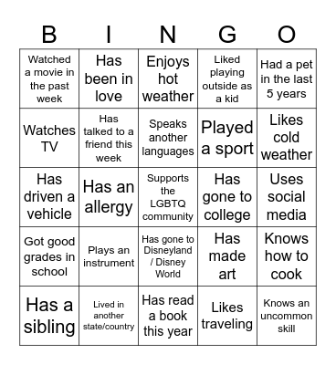 Icebreaker Bingo Card