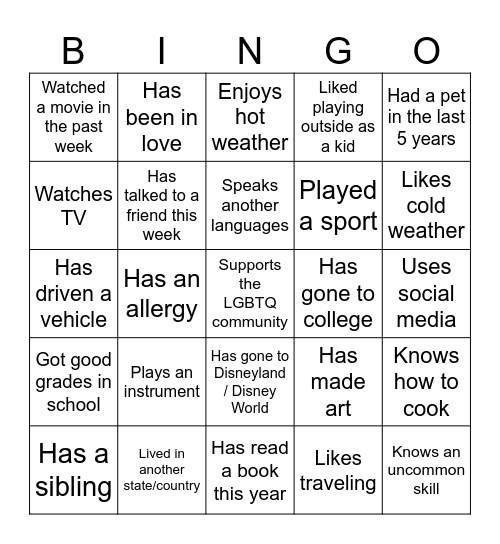 Icebreaker Bingo Card