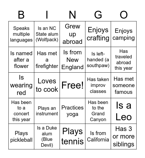 Get to Know Leo’s Crew! (Find Someone Who…) Bingo Card