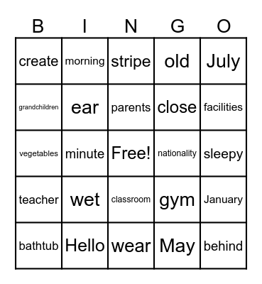 Vocabulary Bingo Game 1 Bingo Card