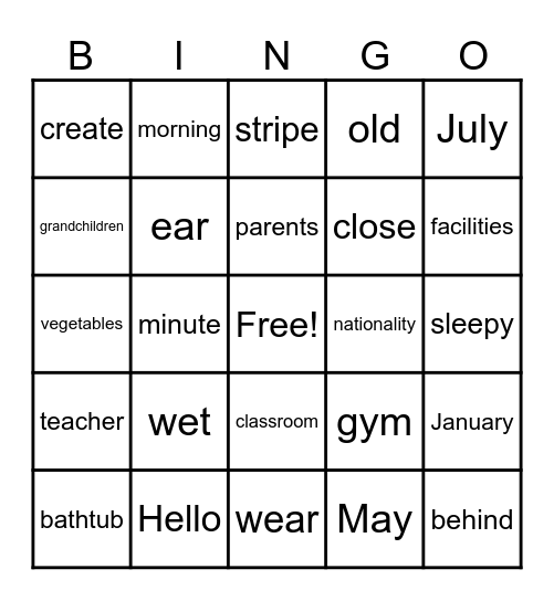 Vocabulary Bingo Game 1 Bingo Card