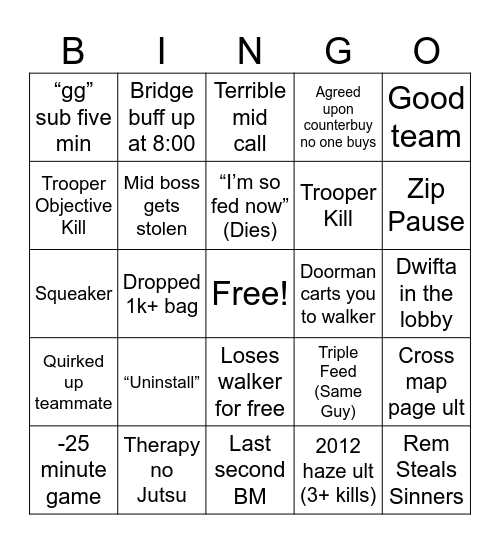 Deadlock Bingo Card
