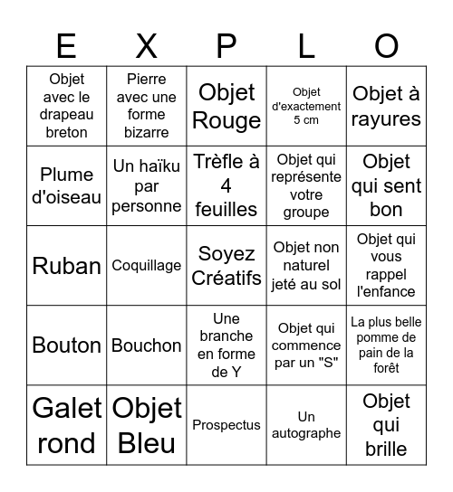 Bingo d'explo Bingo Card