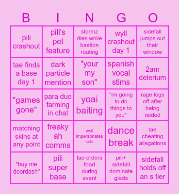 Pink team bingo Card