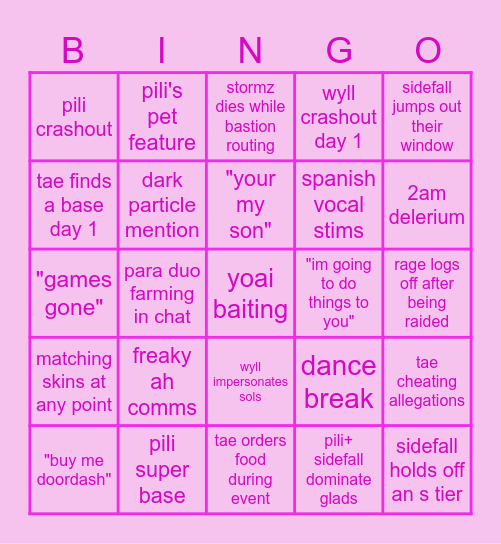 Pink team bingo Card