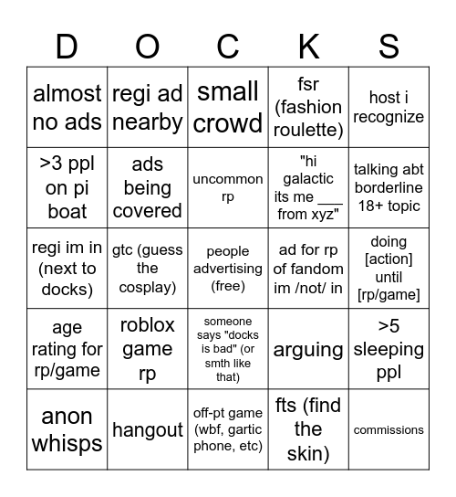 pony town docks bingo Card