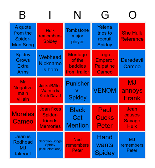 Spider-Man BND Predictions Bingo Card