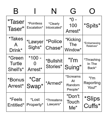 Cop Arrest Bingo Card