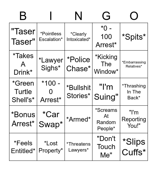 Cop Arrest Bingo Card