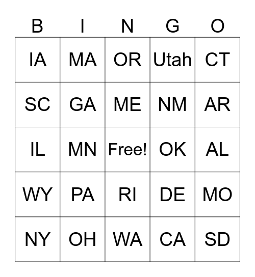 State Bingo Card