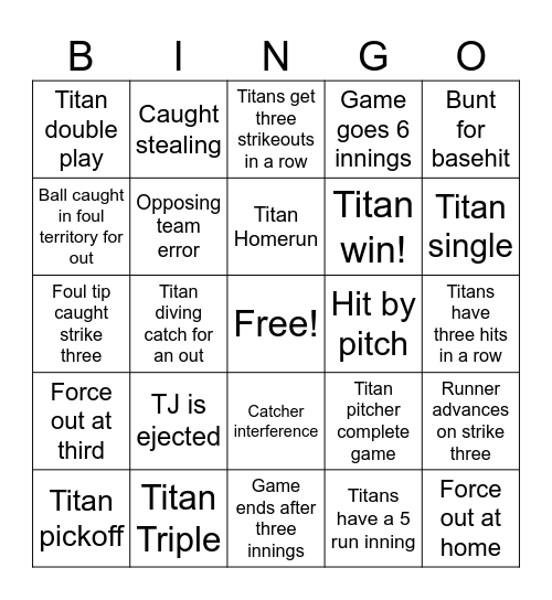 Titans Bingo Card
