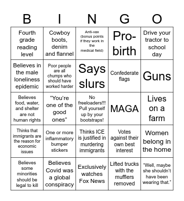 Conservative Small Town Midwest Living Bingo Card
