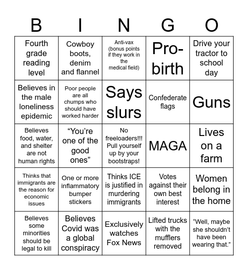 Conservative Small Town Midwest Living Bingo Card