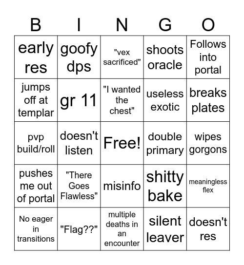 VoG LFG Bingo Card