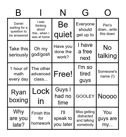 Miss John bingo Card
