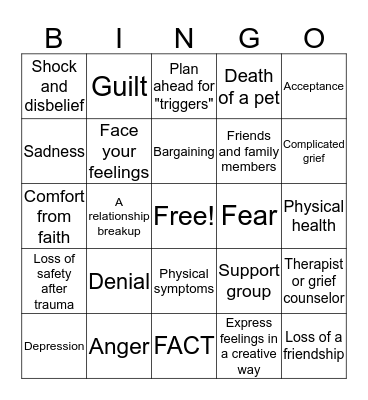 Grief & Loss Bingo Card