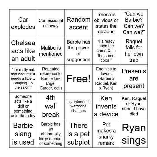 Barbie Bingo Card