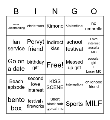 Romance anime Bingo Card