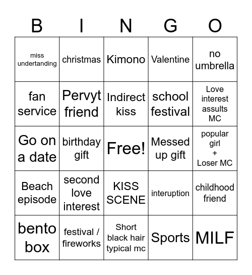 Romance anime Bingo Card