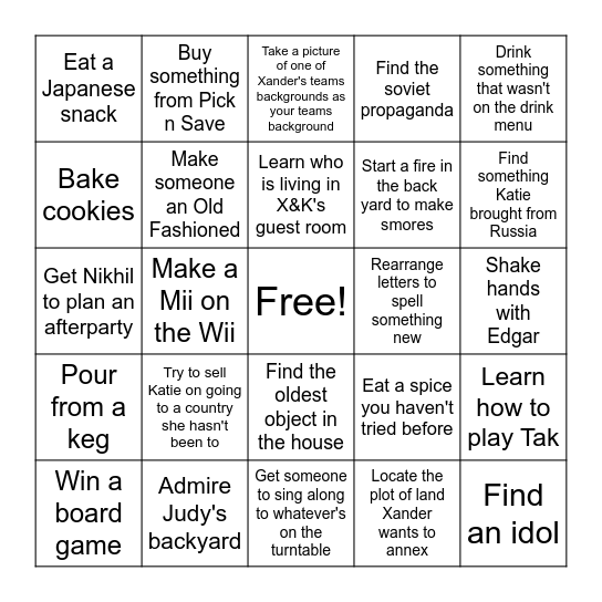 Director X House Party Bingo Card