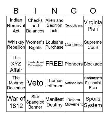 The American Revolution, Constitution, Life in the New Nation  Bingo Card