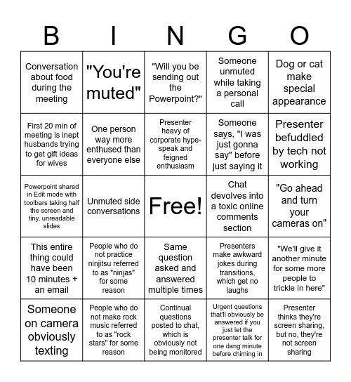 Department Meeting Bingo Card