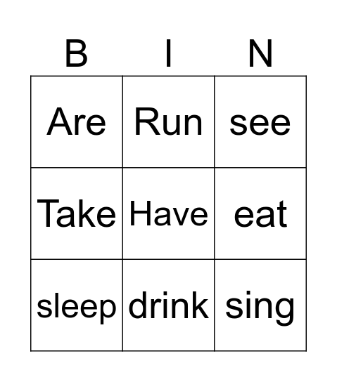 Irregular Verbs Bingo Card