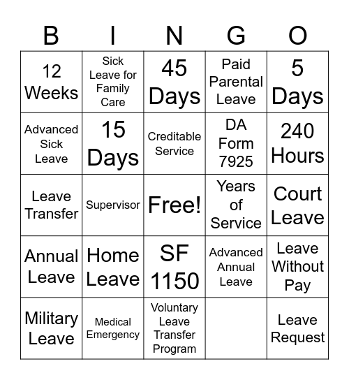 Leave Bingo Card