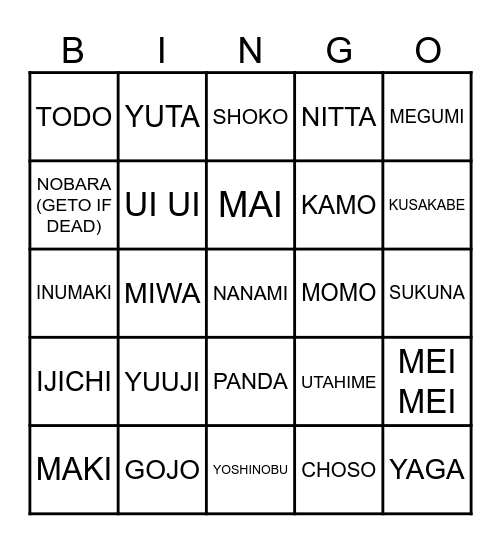 JJK DEATH BINGO Card