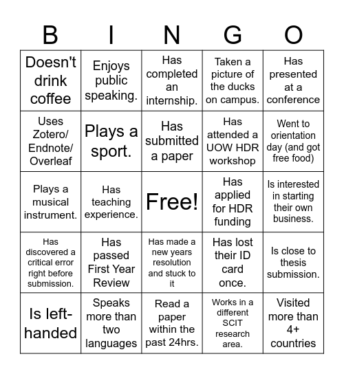 SCIT HDR Network Cafe Bingo Card